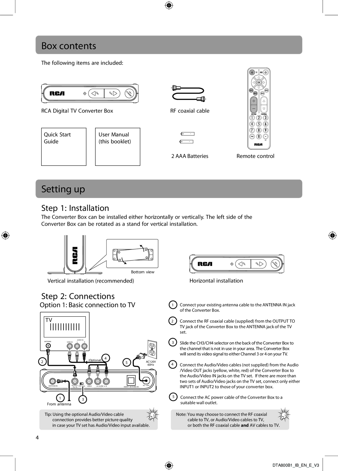 RCA DTA800B1 user manual Box contents, Setting up 