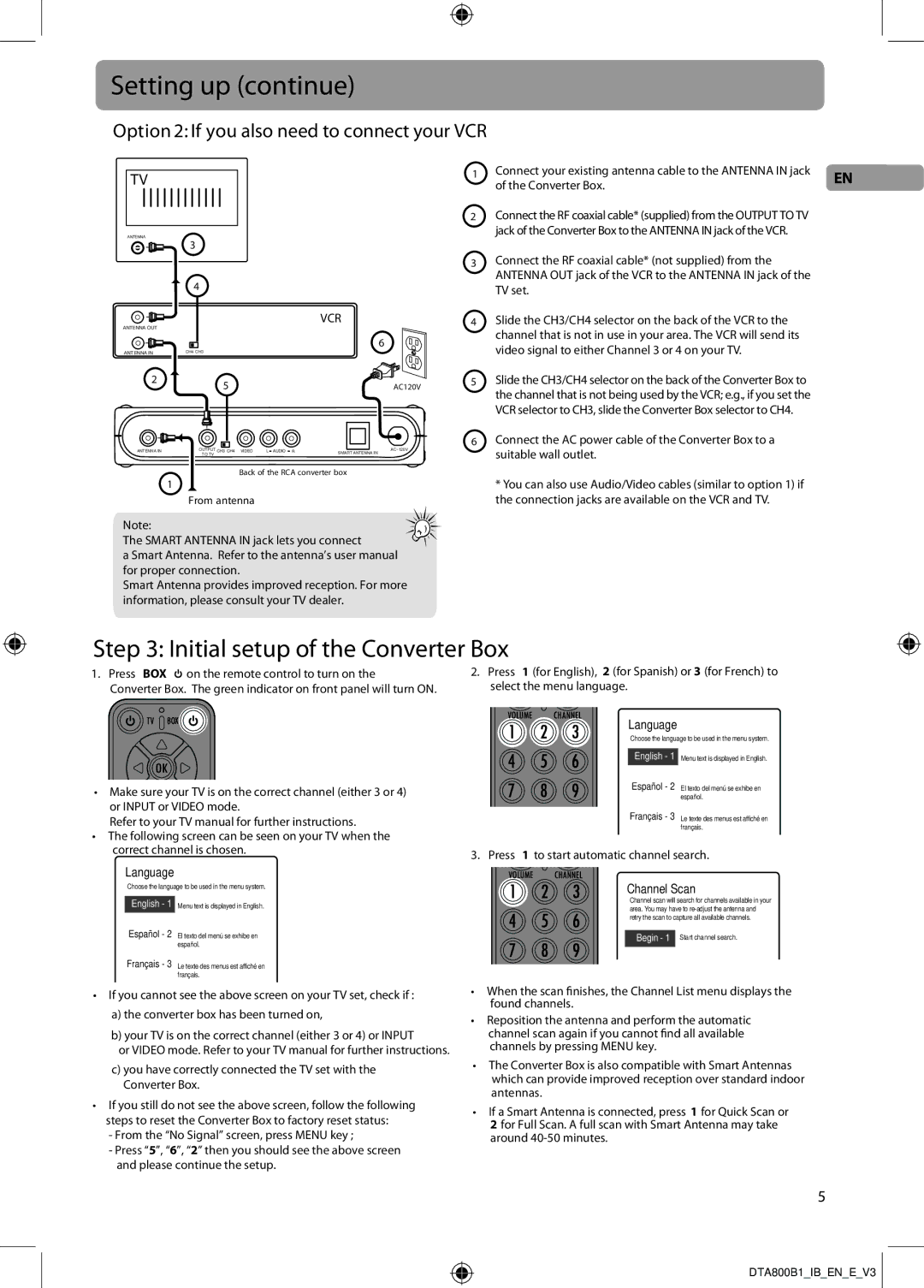 RCA DTA800B1 user manual Setting up continue, Option 2 If you also need to connect your VCR, Language, Channel Scan 