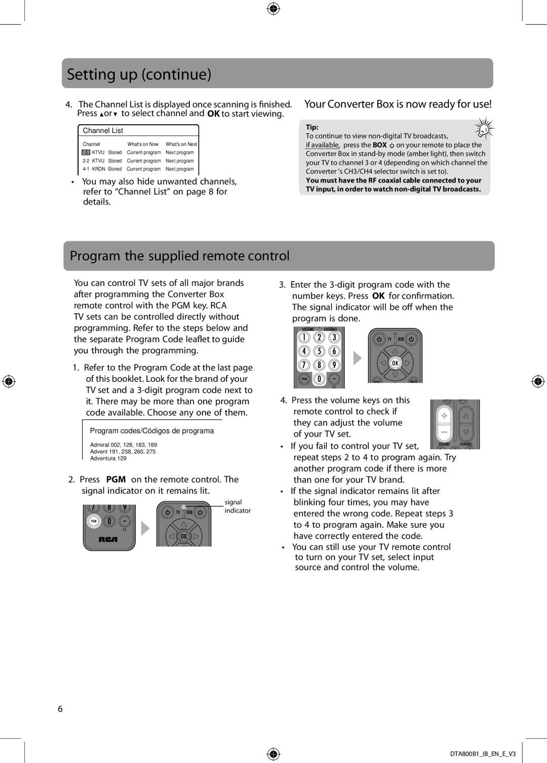 RCA DTA800B1 user manual Program the supplied remote control, Your Converter Box is now ready for use 