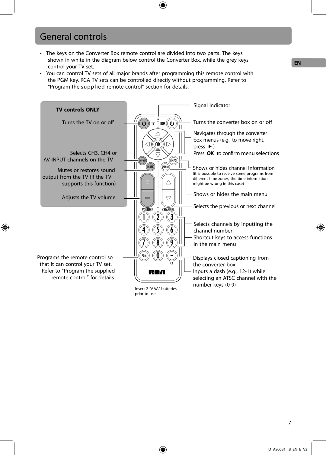 RCA DTA800B1 user manual General controls, TV controls only, Supports this function Adjusts the TV volume 