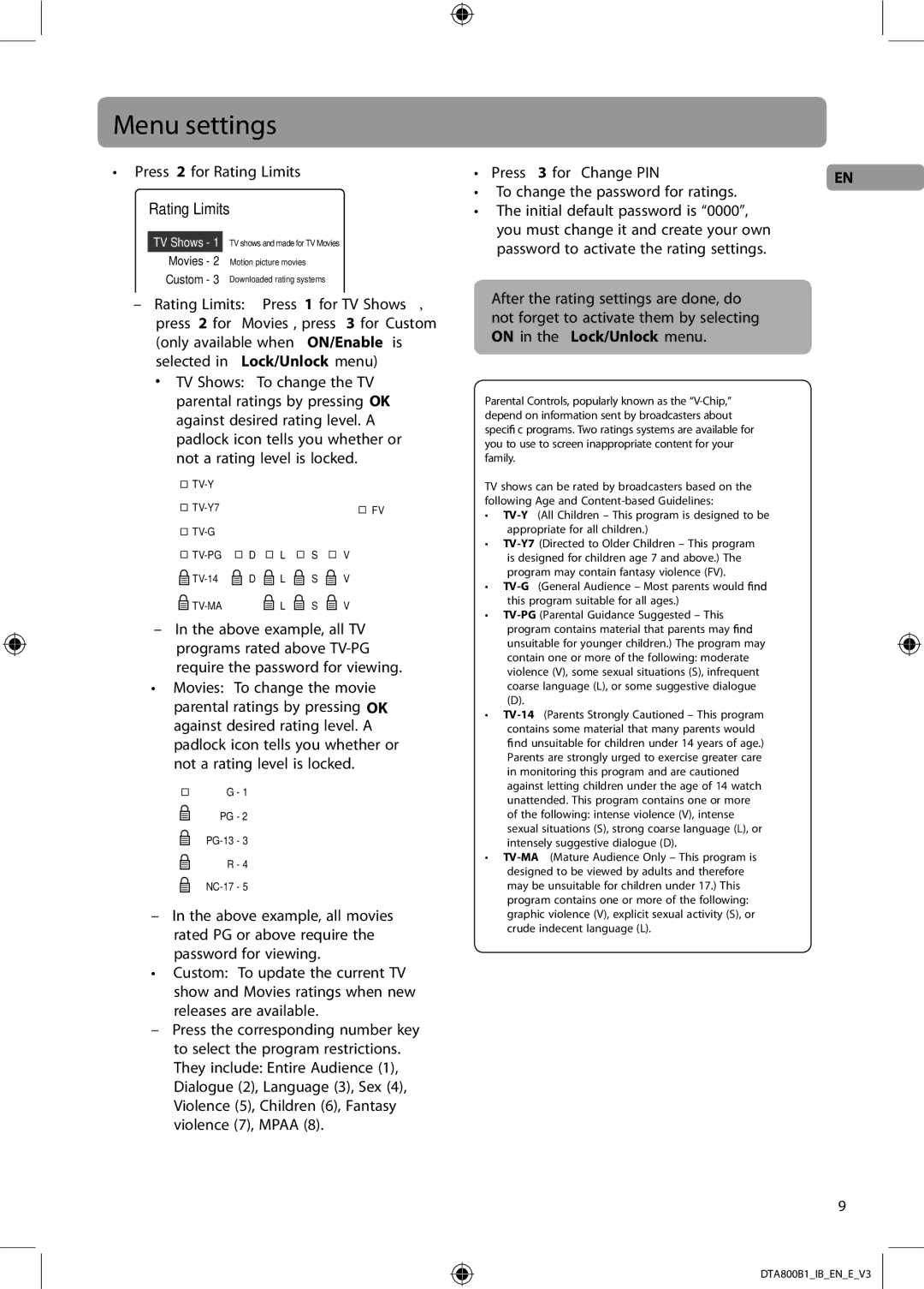 RCA DTA800B1 user manual Press 2 for Rating Limits, Above example, all movies rated PG or above require 