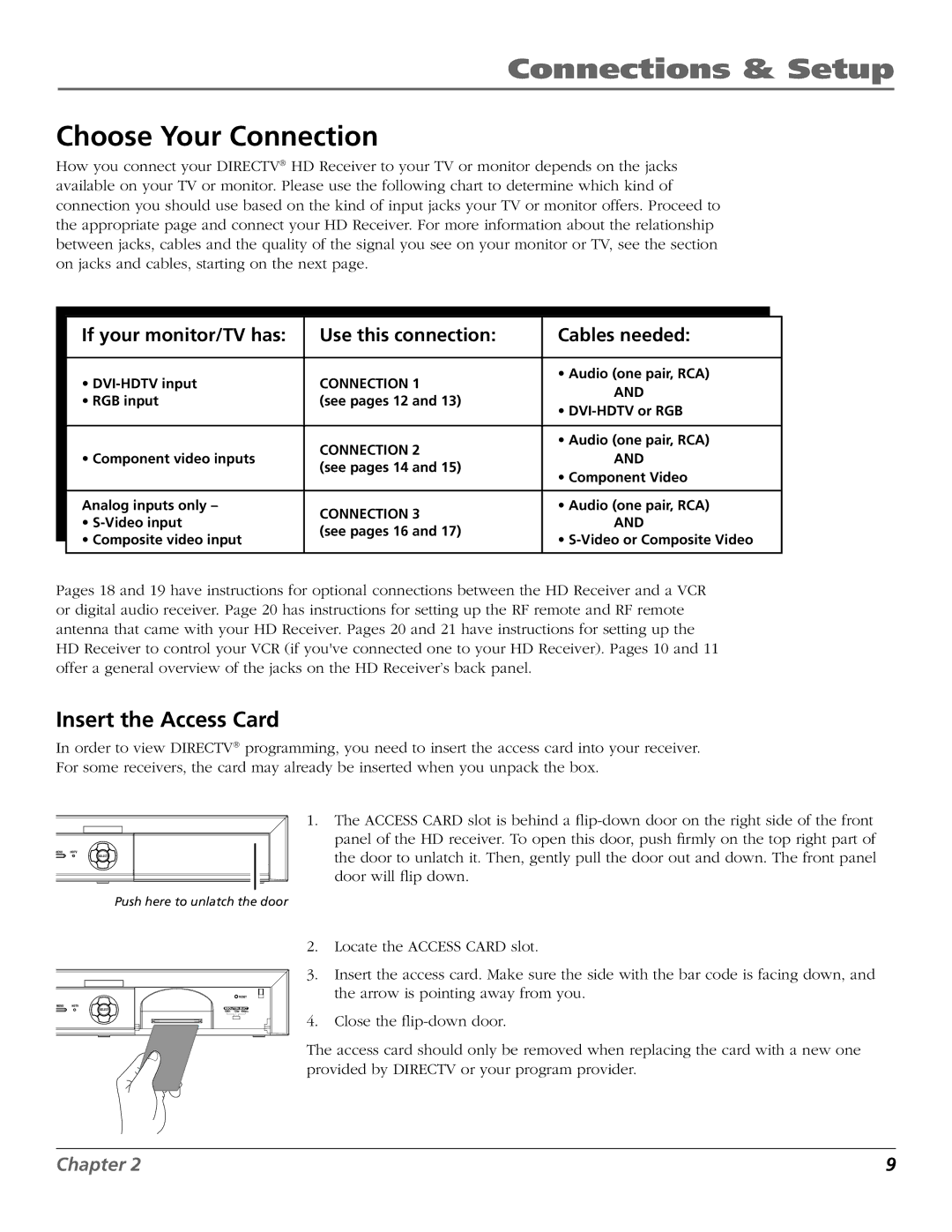 RCA DTC210 user manual Connections & Setup, Choose Your Connection, Insert the Access Card 