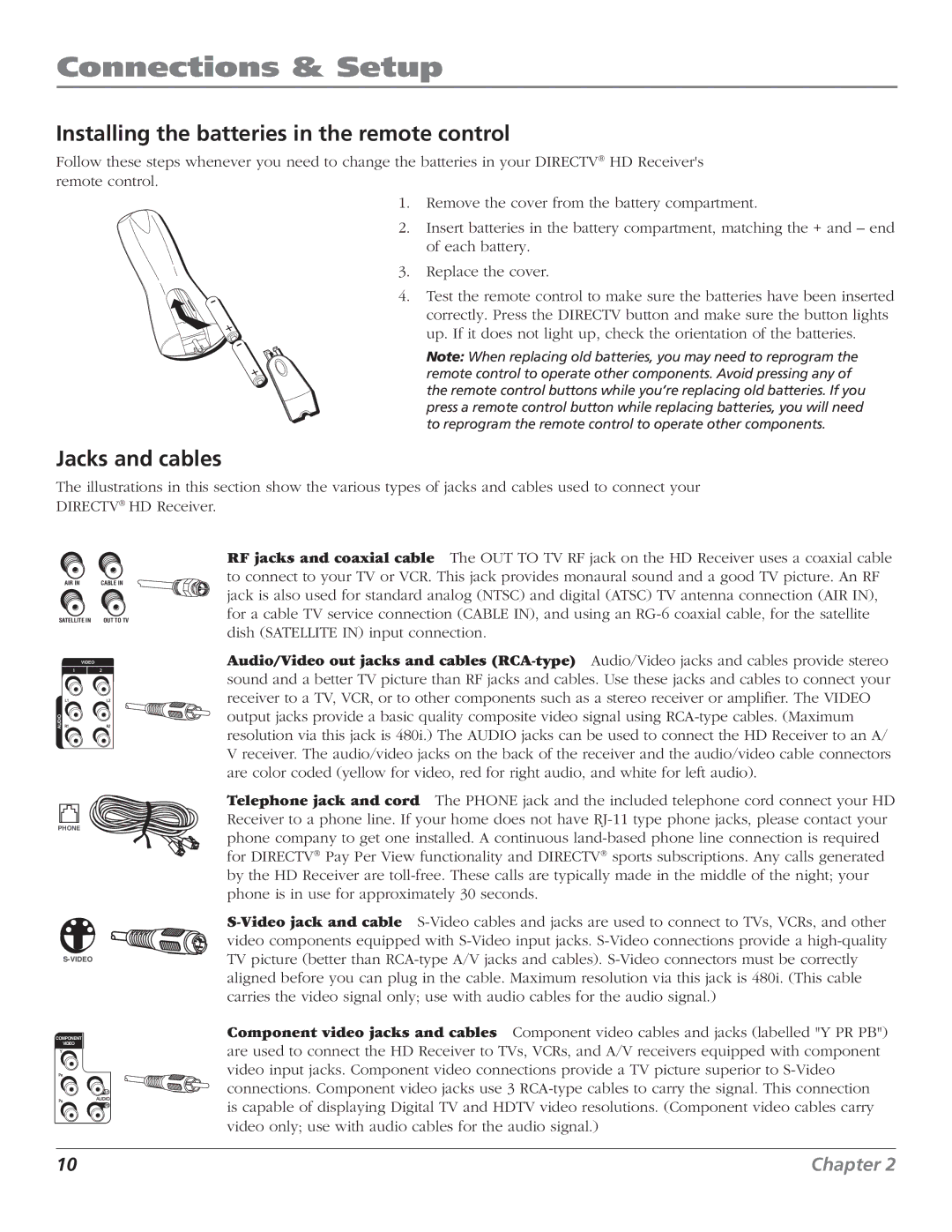 RCA DTC210 user manual Installing the batteries in the remote control, Jacks and cables 