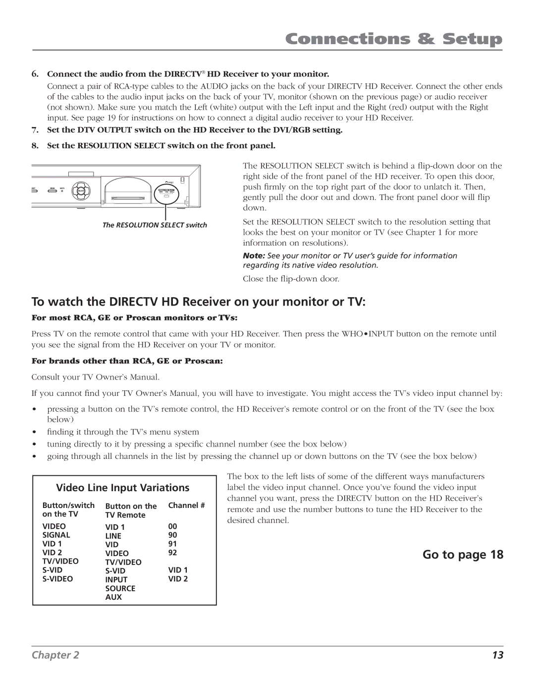 RCA DTC210 user manual To watch the Directv HD Receiver on your monitor or TV, Go to, Video Line Input Variations 