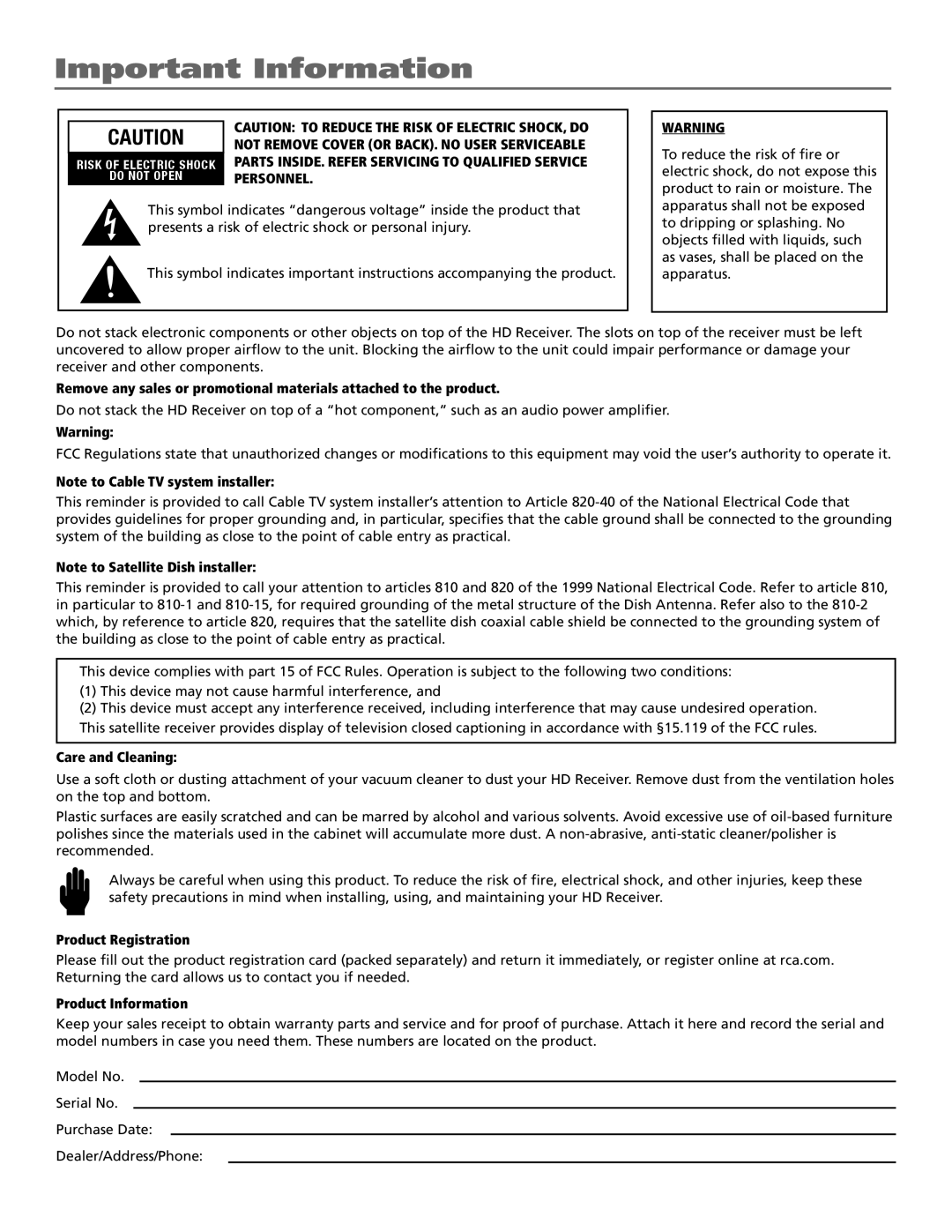 RCA DTC210 user manual Important Information, Personnel 