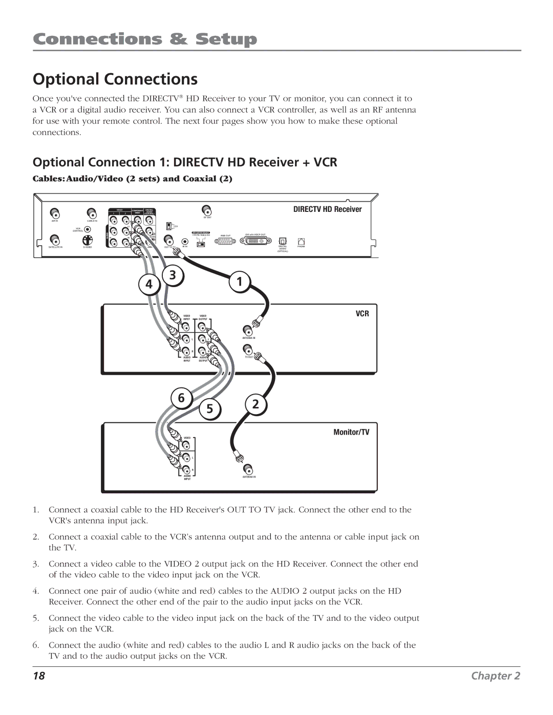 RCA DTC210 Optional Connections, Optional Connection 1 Directv HD Receiver + VCR, Cables Audio/Video 2 sets and Coaxial 