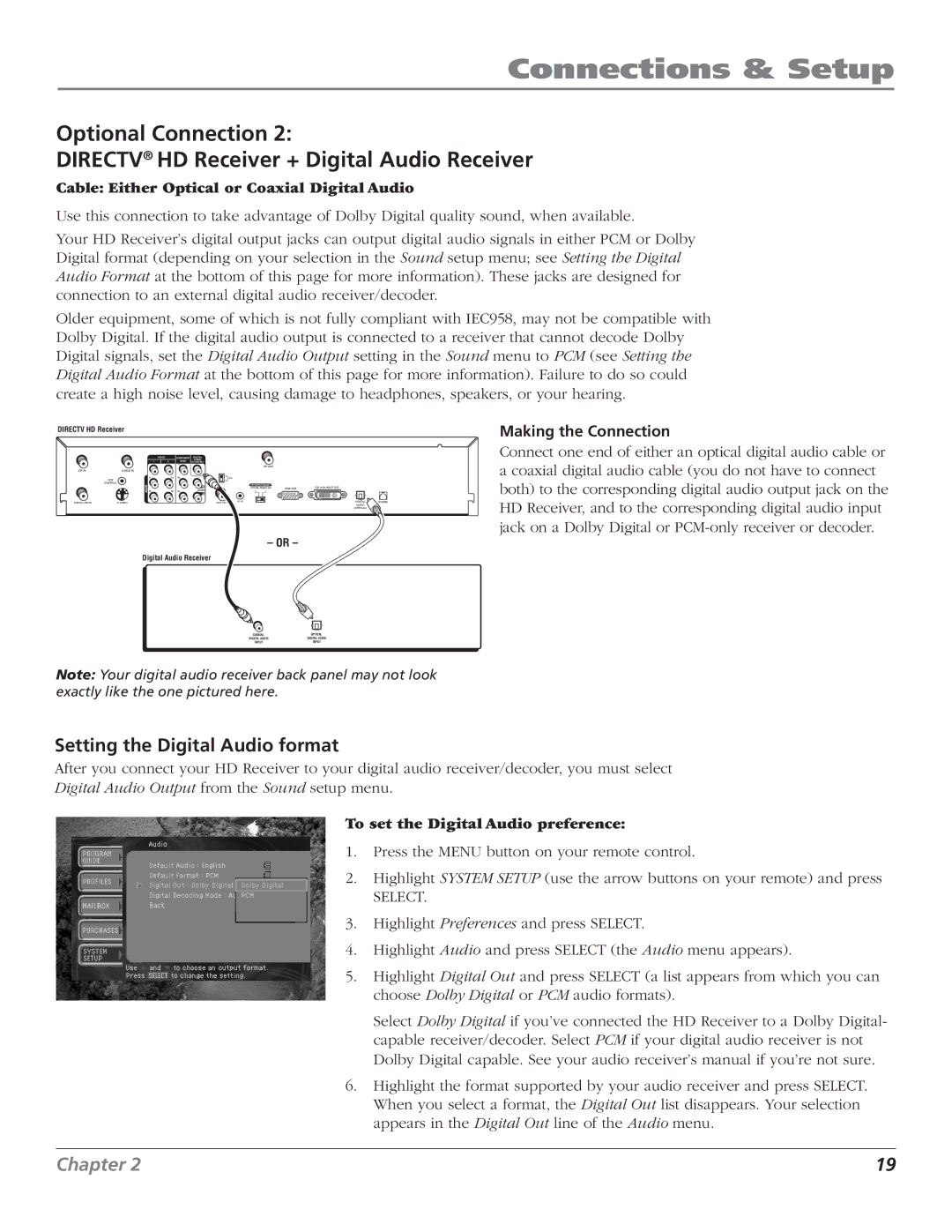 RCA DTC210 Setting the Digital Audio format, Cable Either Optical or Coaxial Digital Audio, Making the Connection 