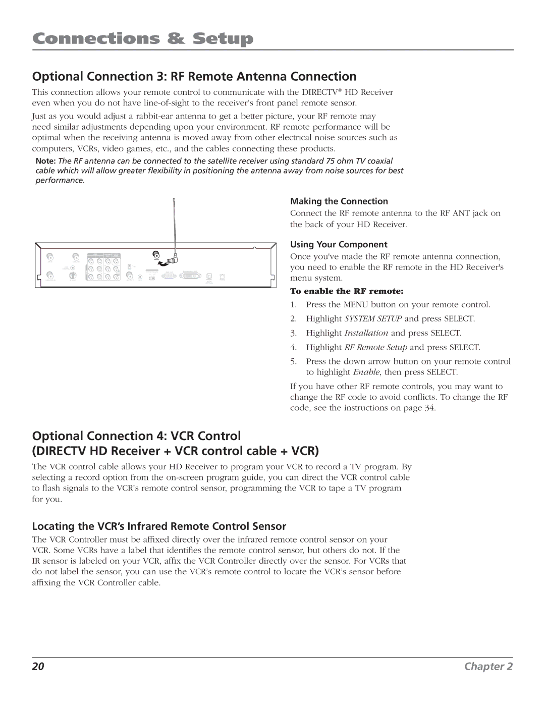 RCA DTC210 Optional Connection 3 RF Remote Antenna Connection, Locating the VCR’s Infrared Remote Control Sensor 