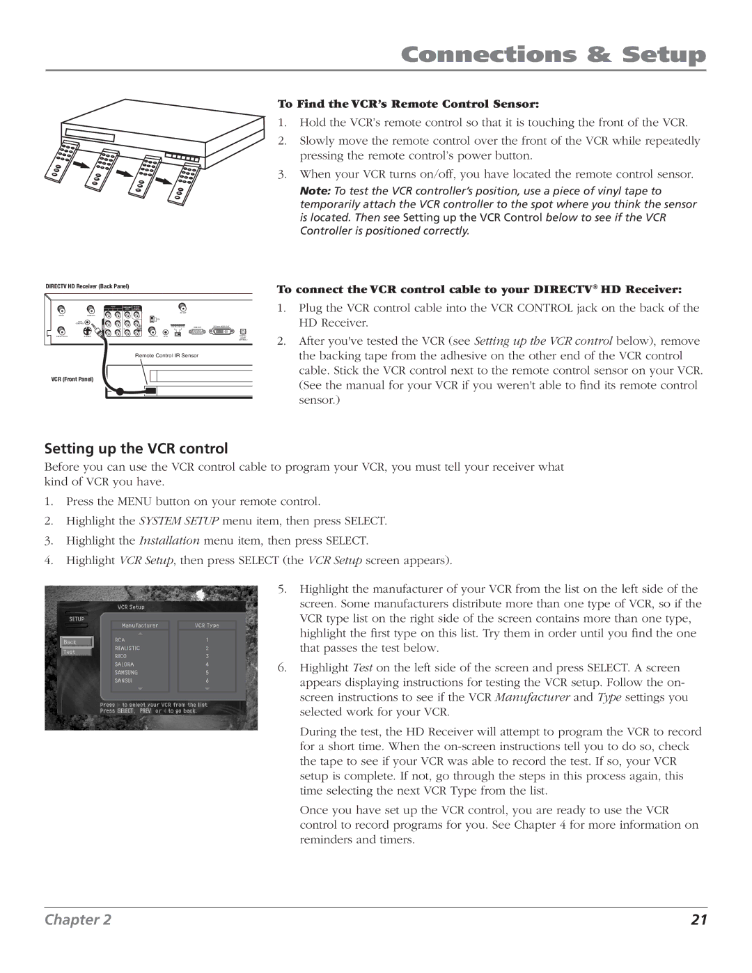 RCA DTC210 user manual Setting up the VCR control, To Find the VCR’s Remote Control Sensor 