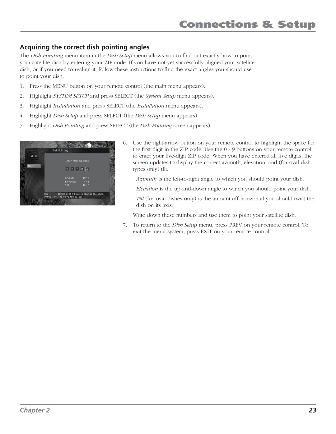 RCA DTC210 user manual Acquiring the correct dish pointing angles 