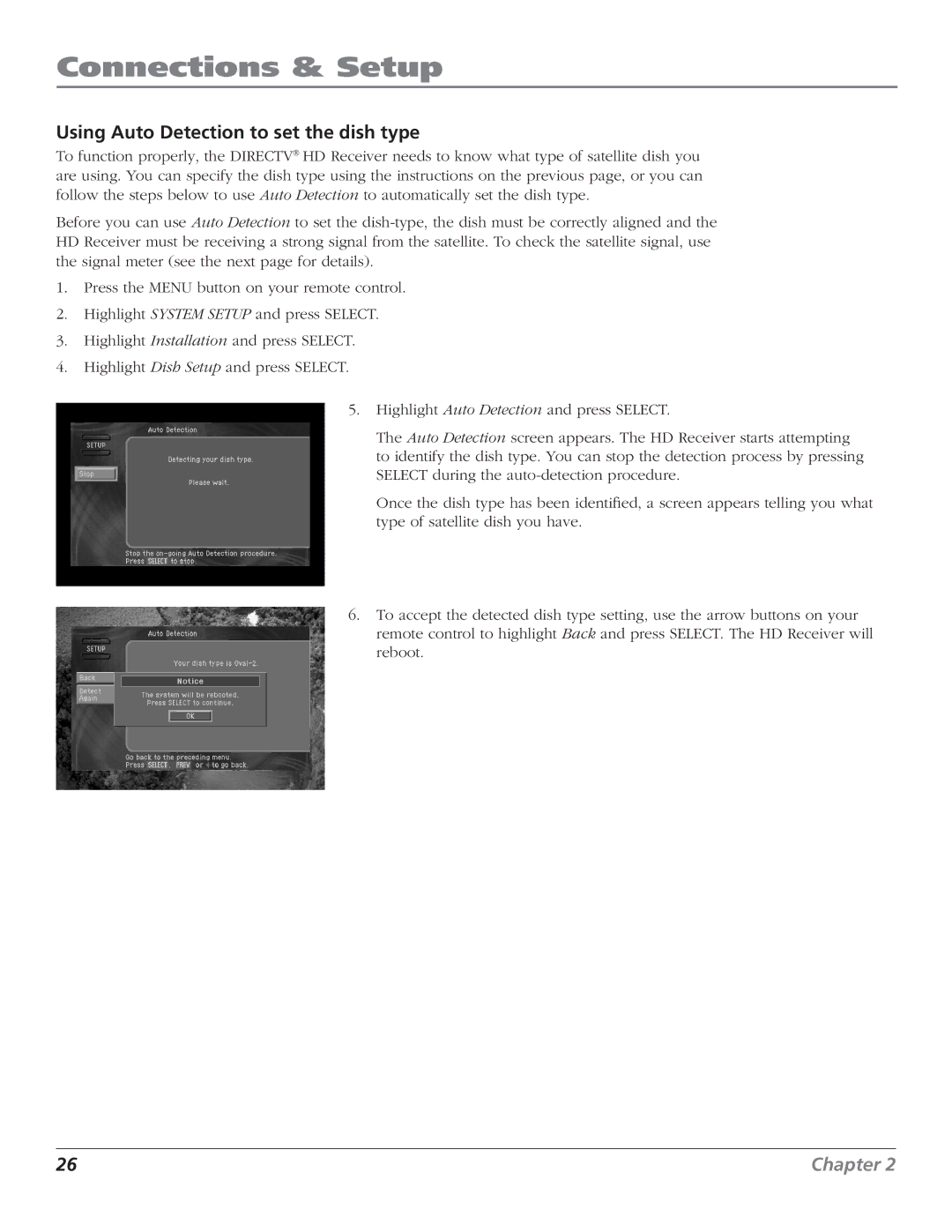 RCA DTC210 user manual Using Auto Detection to set the dish type 