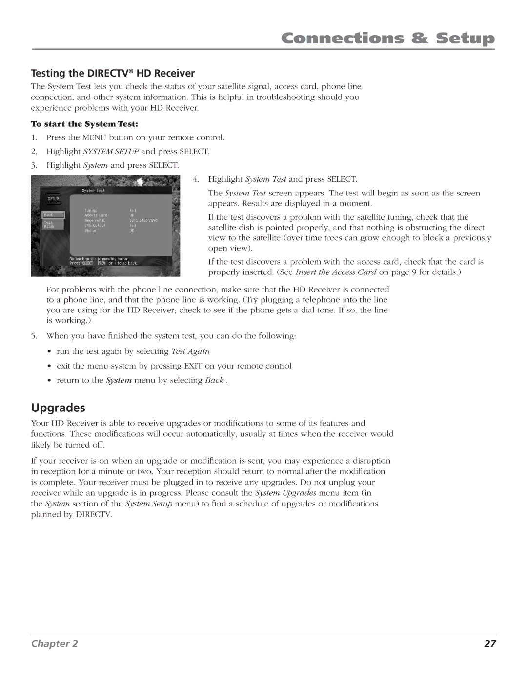 RCA DTC210 user manual Upgrades, Testing the Directv HD Receiver, To start the System Test 