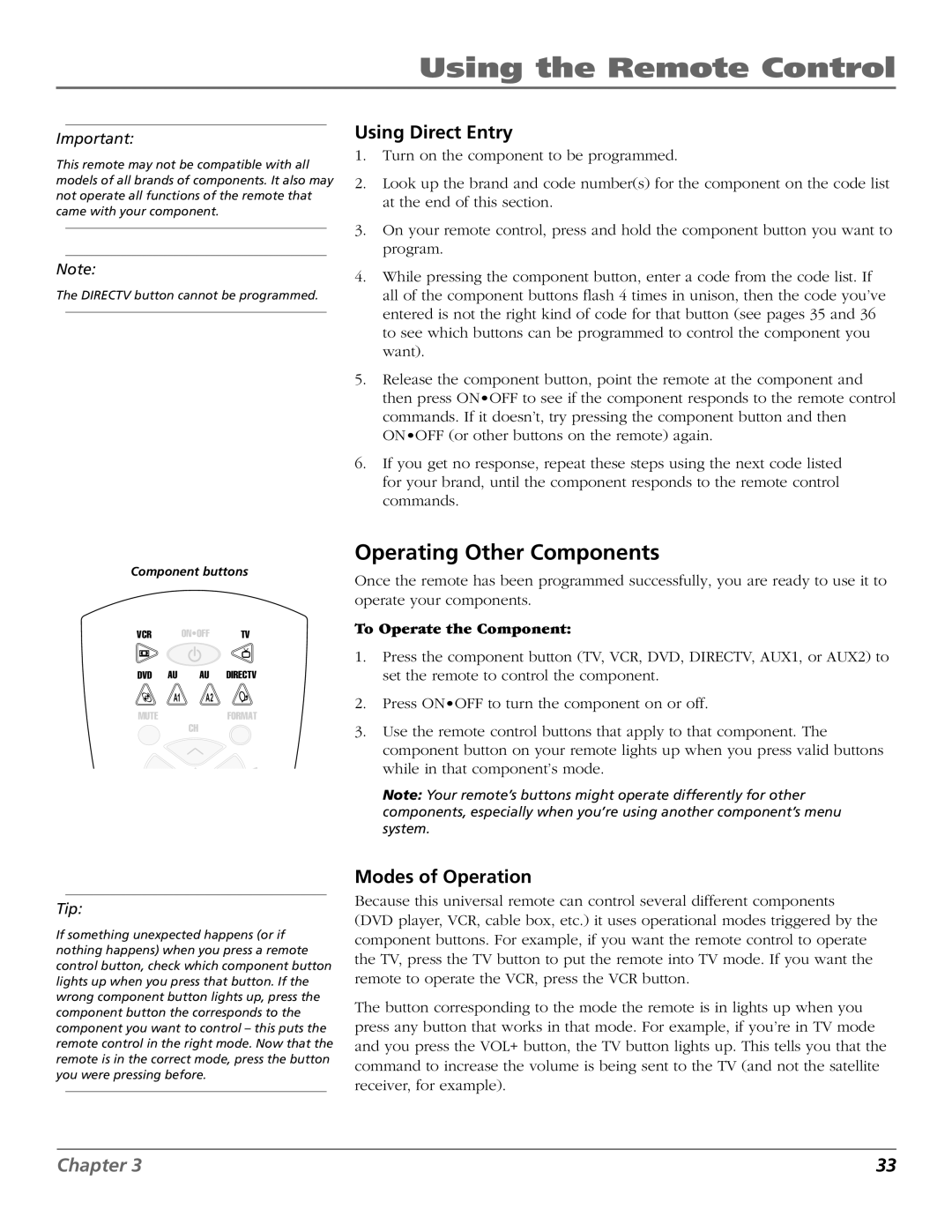 RCA DTC210 user manual Operating Other Components, Using Direct Entry, Modes of Operation, To Operate the Component 