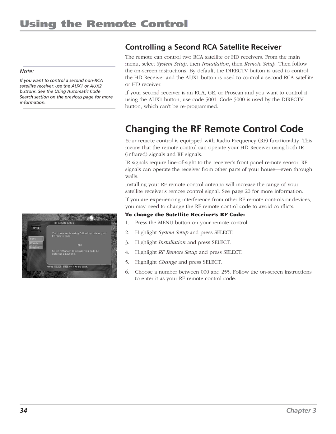 RCA DTC210 user manual Changing the RF Remote Control Code, Controlling a Second RCA Satellite Receiver 