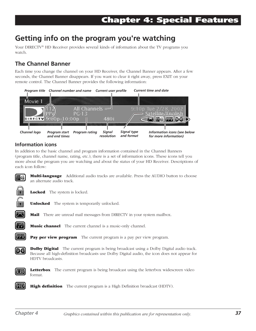 RCA DTC210 user manual Getting info on the program youre watching, Channel Banner, Information icons 