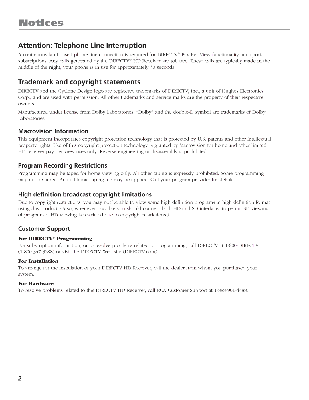 RCA DTC210 Trademark and copyright statements, Macrovision Information, Program Recording Restrictions, Customer Support 