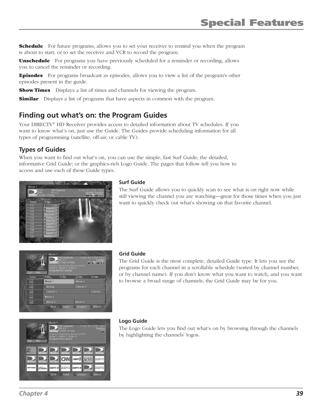 RCA DTC210 user manual Finding out what’s on the Program Guides, Types of Guides, Surf Guide, Grid Guide, Logo Guide 