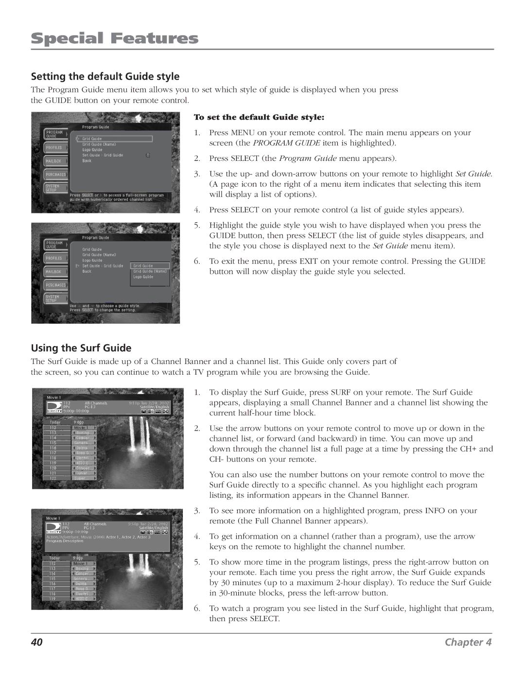 RCA DTC210 user manual Setting the default Guide style, Using the Surf Guide, To set the default Guide style 