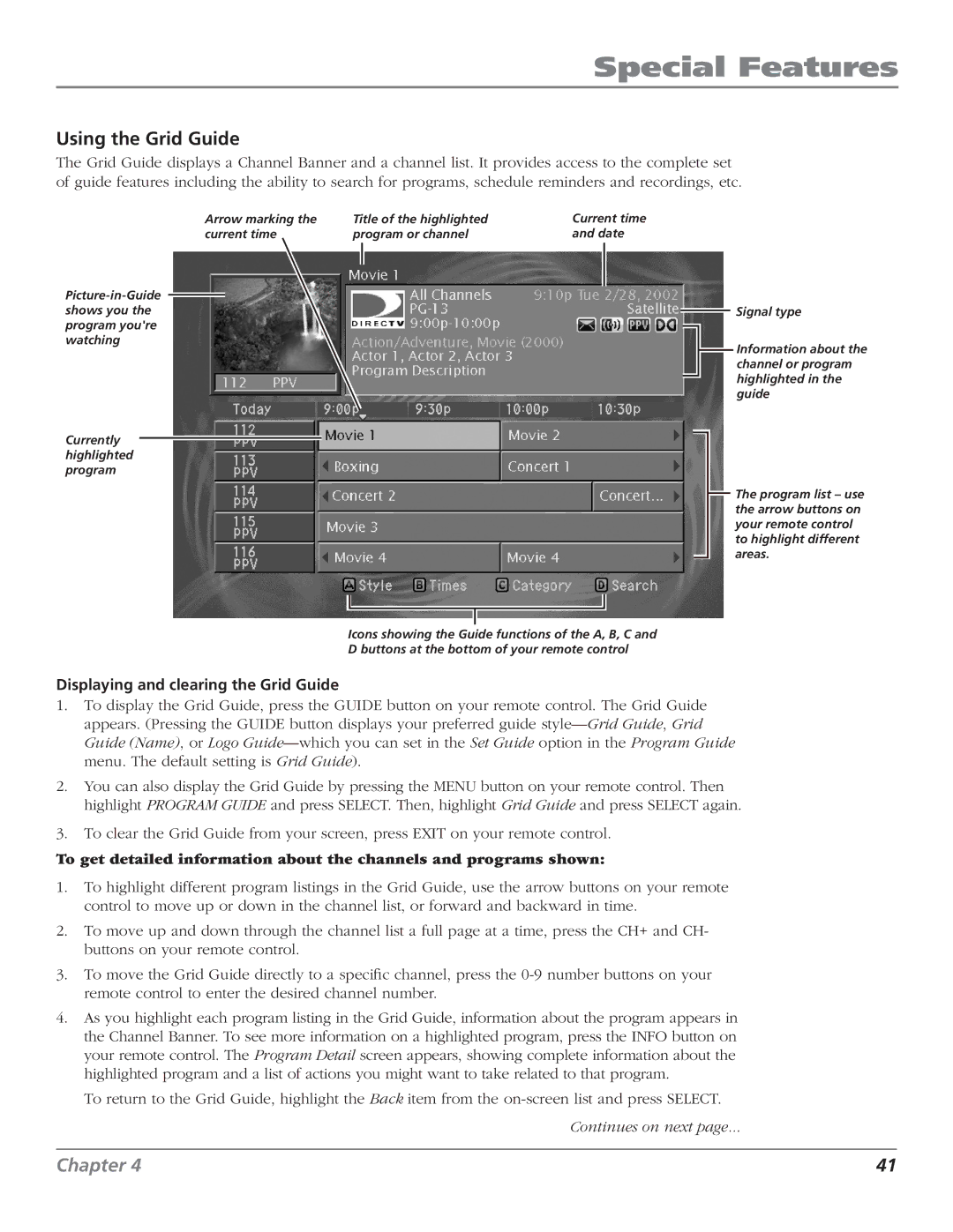 RCA DTC210 user manual Using the Grid Guide, Displaying and clearing the Grid Guide 