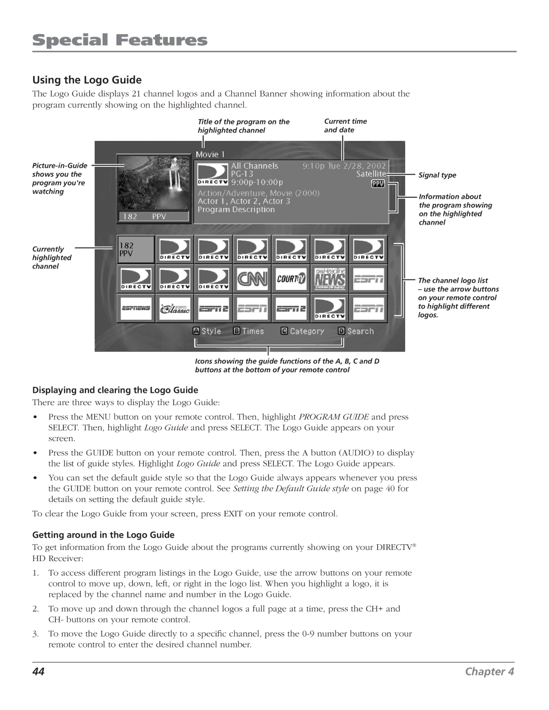 RCA DTC210 user manual Using the Logo Guide, Displaying and clearing the Logo Guide, Getting around in the Logo Guide 