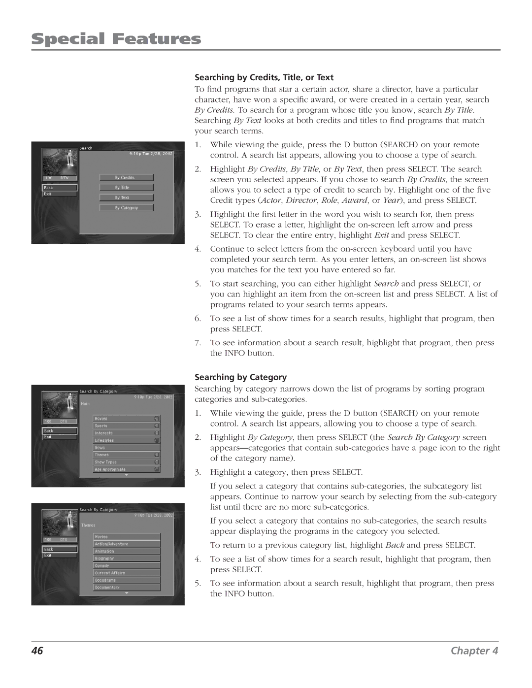 RCA DTC210 user manual Searching by Credits, Title, or Text, Searching by Category 