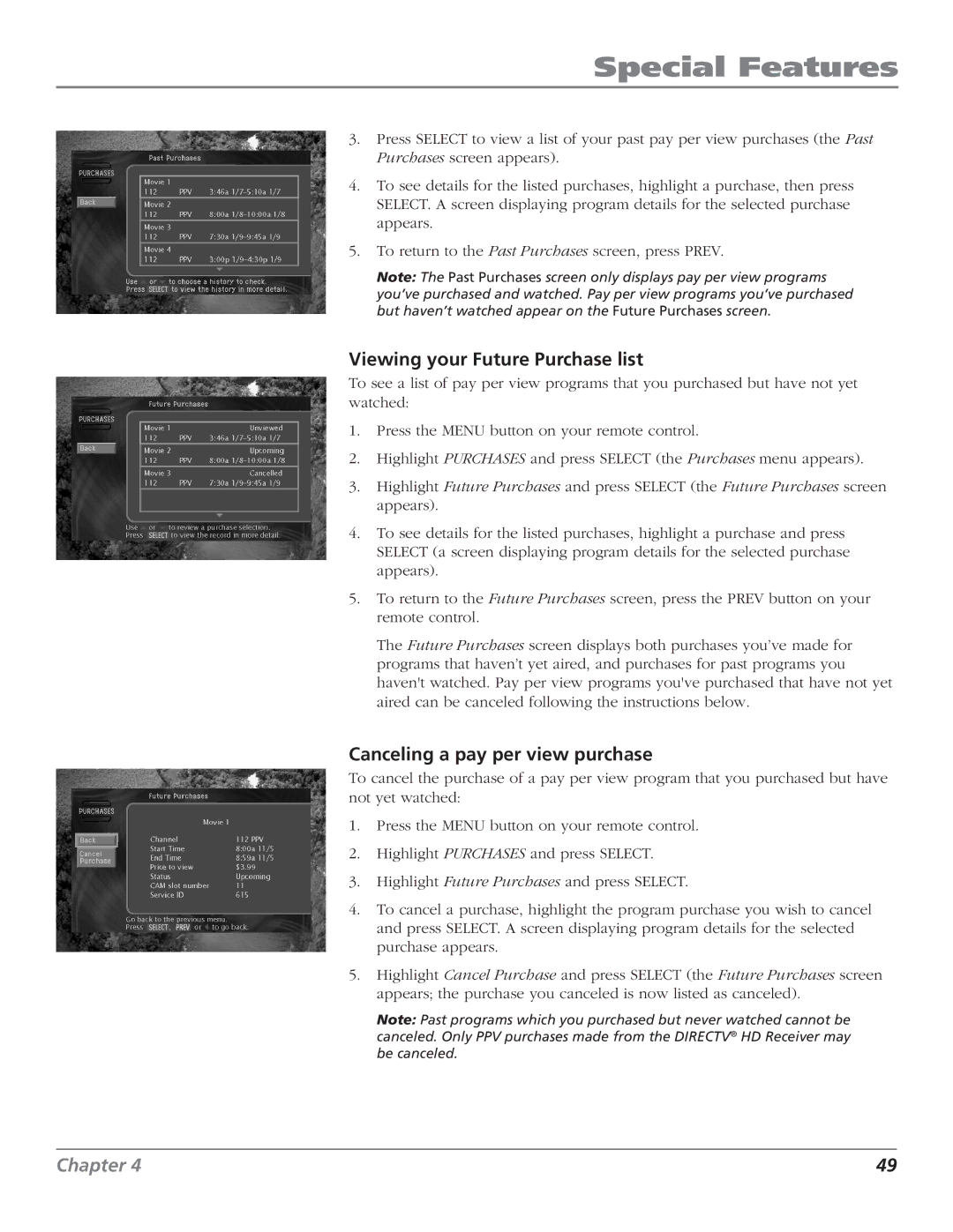 RCA DTC210 user manual Viewing your Future Purchase list, Canceling a pay per view purchase 