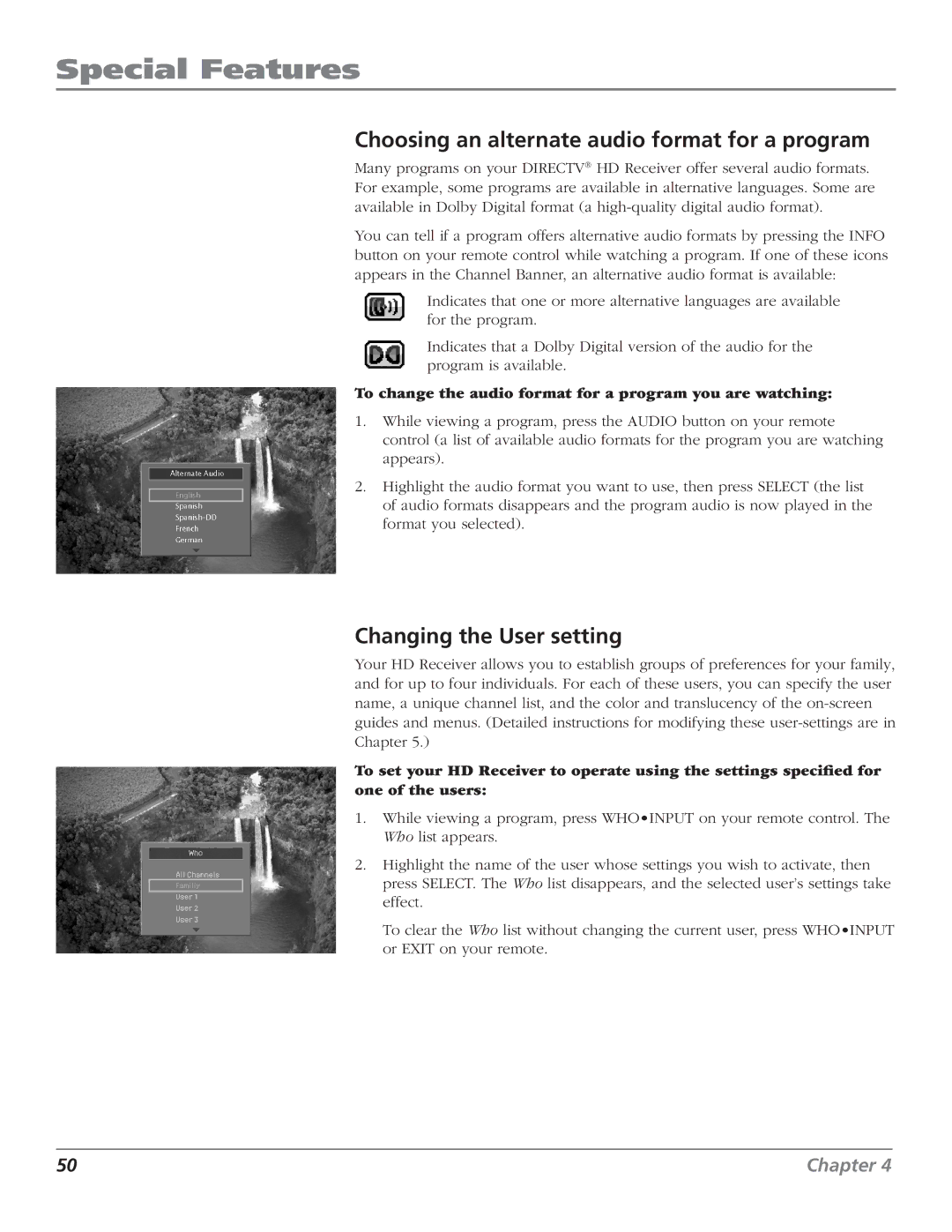 RCA DTC210 user manual Choosing an alternate audio format for a program, Changing the User setting 