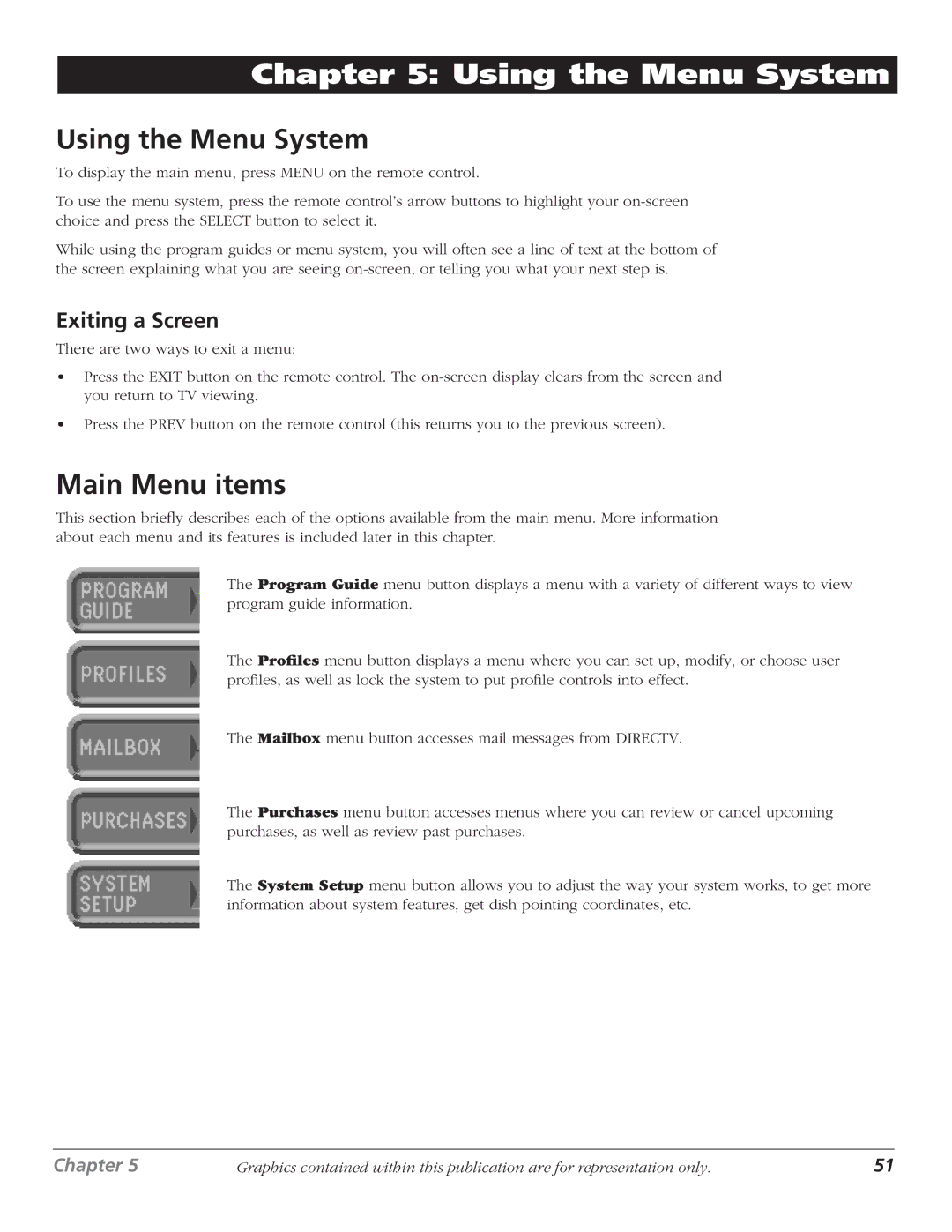 RCA DTC210 user manual Using the Menu System, Main Menu items, Exiting a Screen 