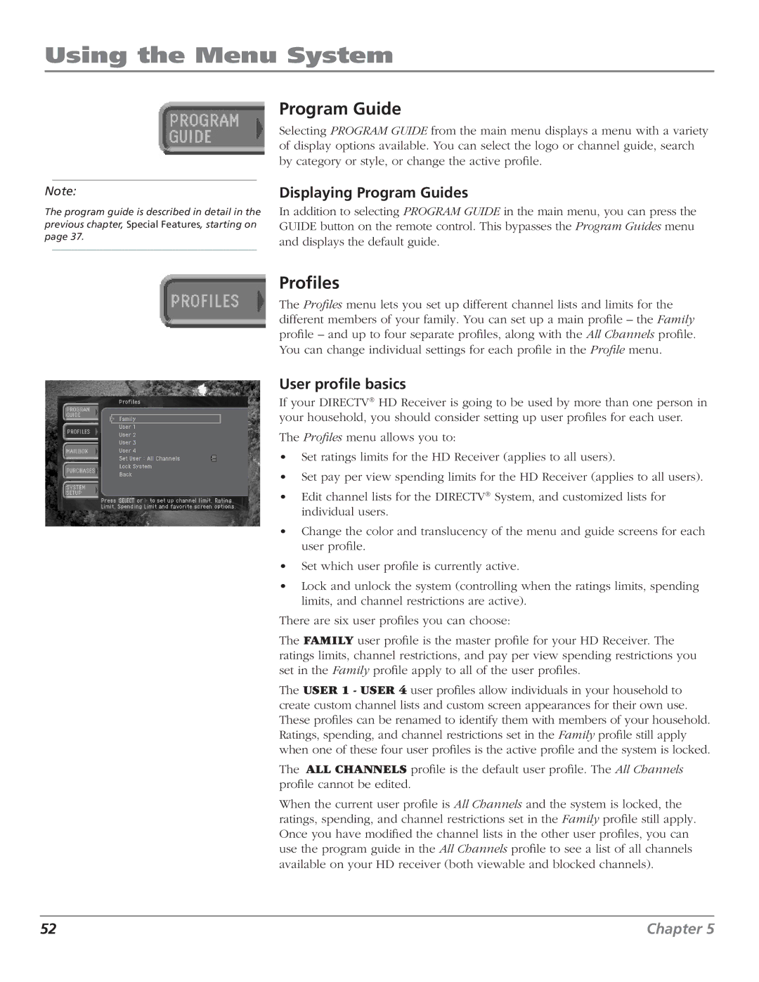 RCA DTC210 user manual Using the Menu System, Profiles, Displaying Program Guides, User profile basics 