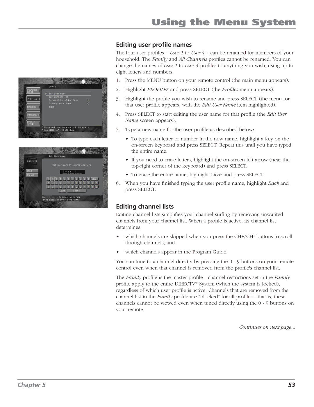 RCA DTC210 user manual Editing user profile names, Editing channel lists 