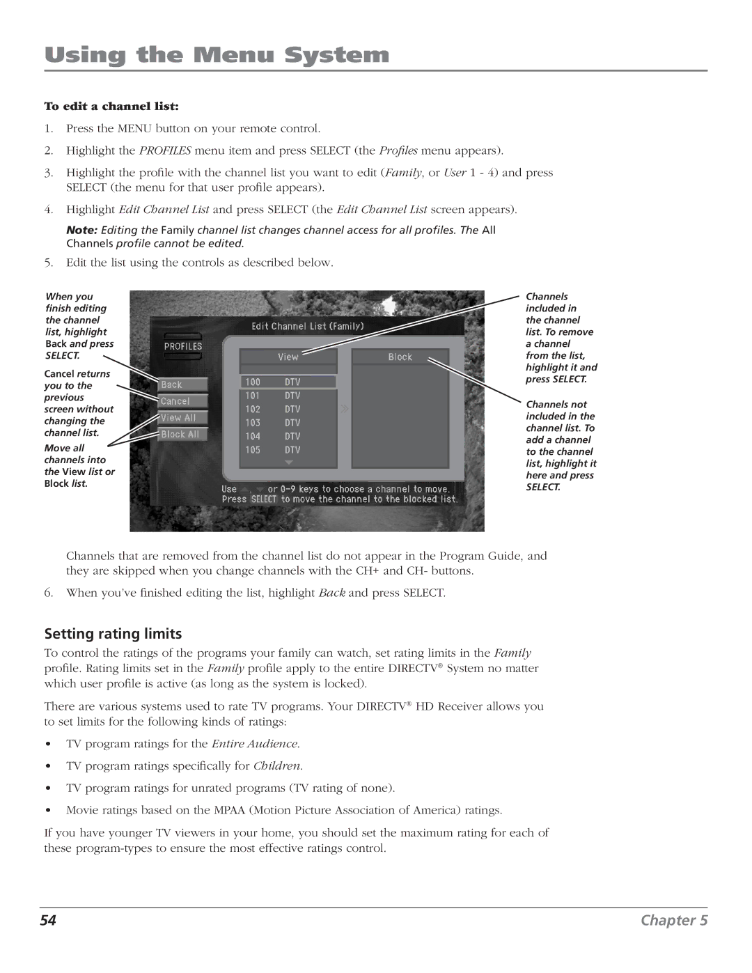 RCA DTC210 user manual Setting rating limits, To edit a channel list 