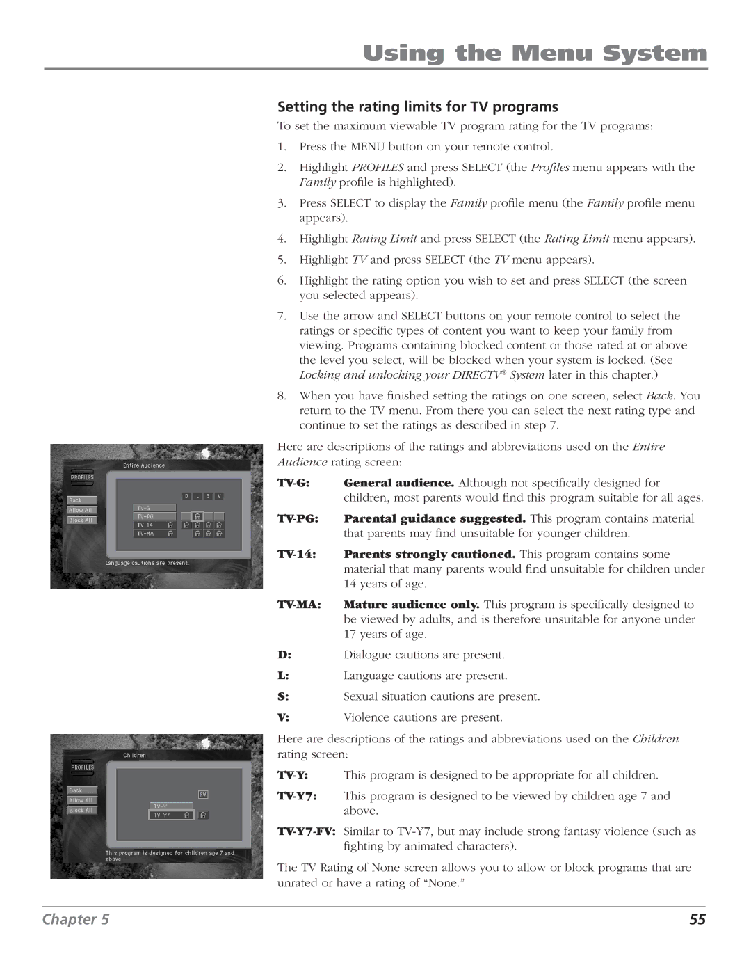 RCA DTC210 user manual Setting the rating limits for TV programs, Tv-G 