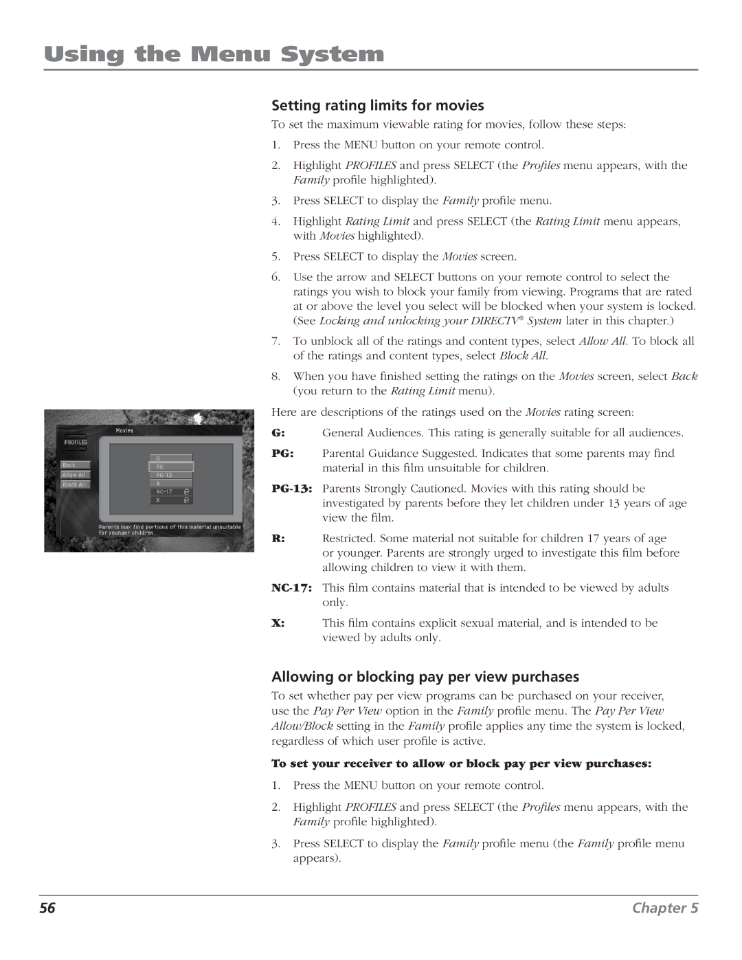 RCA DTC210 user manual Setting rating limits for movies, Allowing or blocking pay per view purchases 