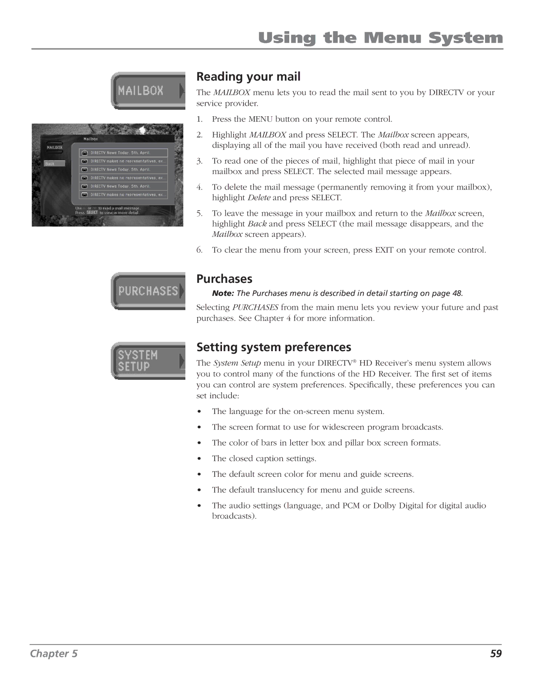 RCA DTC210 user manual Reading your mail, Purchases, Setting system preferences 