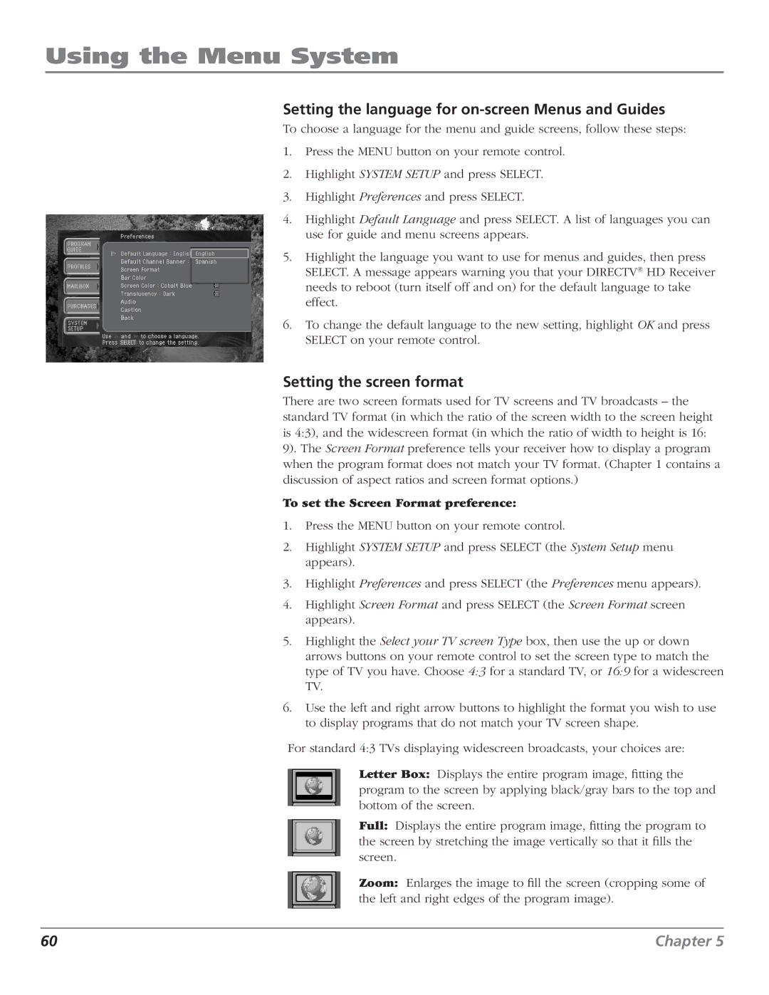 RCA DTC210 user manual Setting the language for on-screen Menus and Guides, Setting the screen format 