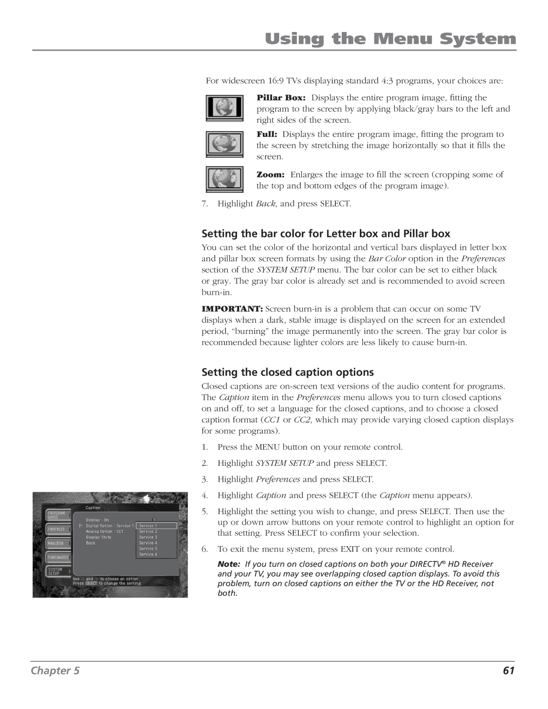 RCA DTC210 user manual Setting the bar color for Letter box and Pillar box, Setting the closed caption options 