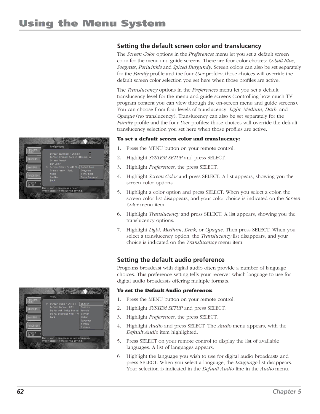 RCA DTC210 user manual Setting the default screen color and translucency, Setting the default audio preference 