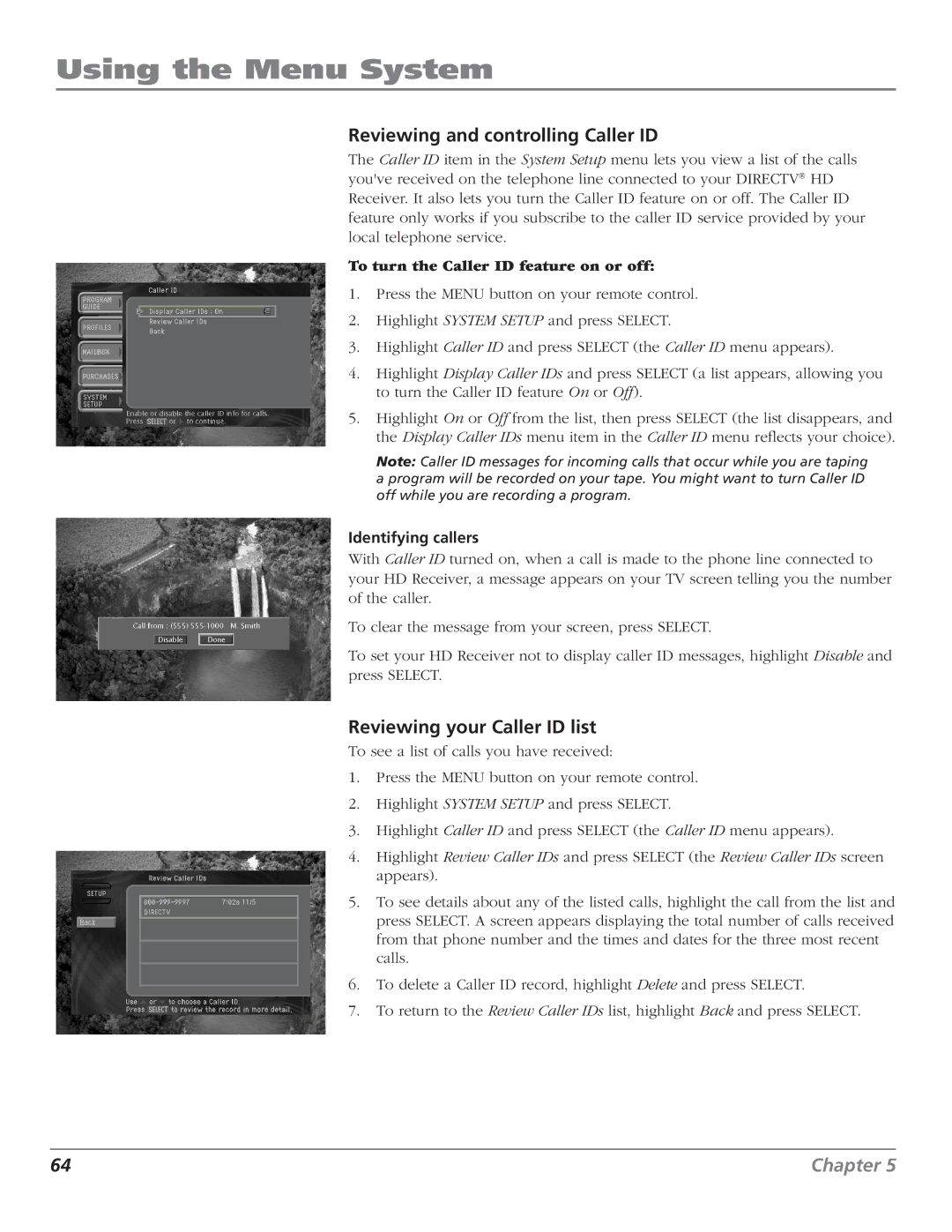 RCA DTC210 Reviewing and controlling Caller ID, Reviewing your Caller ID list, To turn the Caller ID feature on or off 