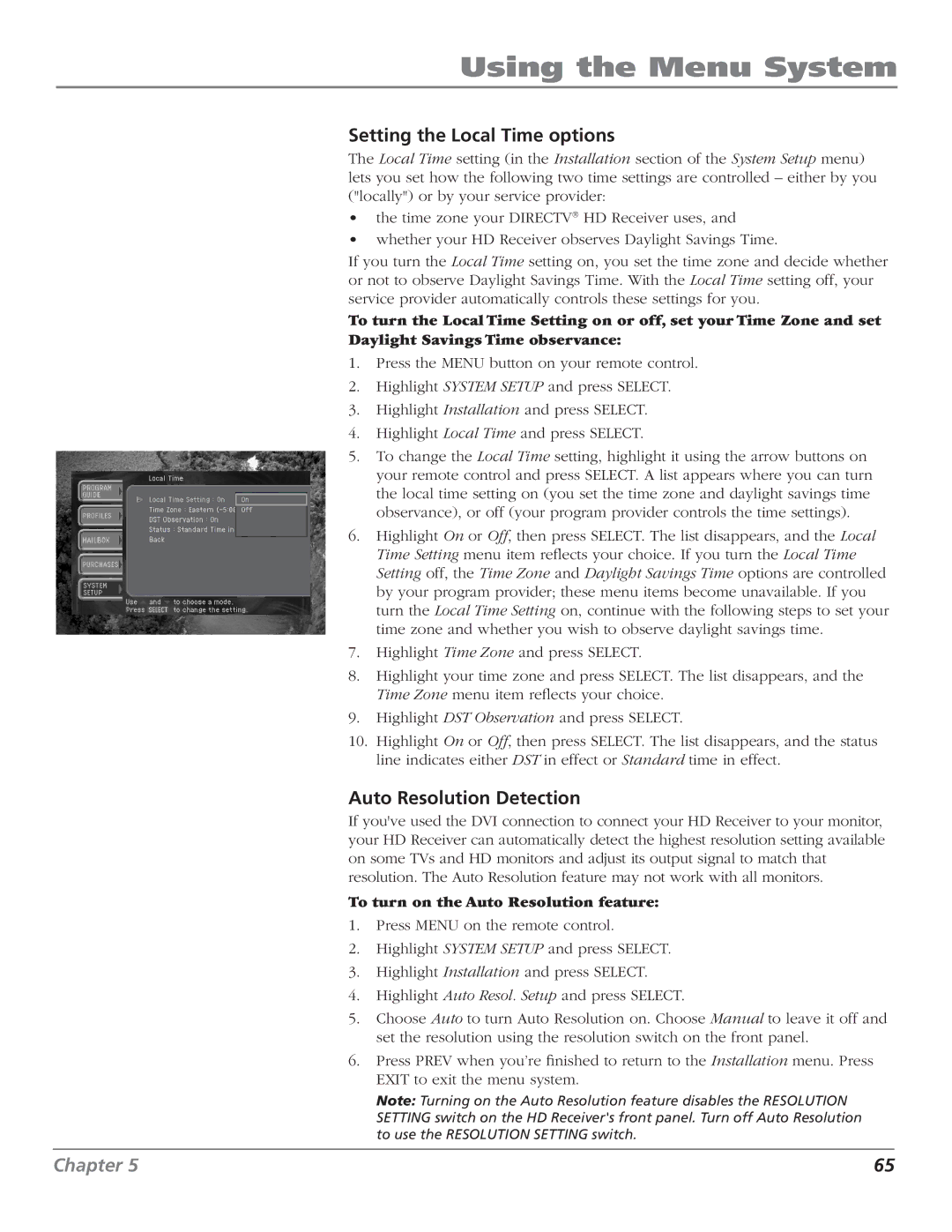 RCA DTC210 user manual Setting the Local Time options, Auto Resolution Detection, To turn on the Auto Resolution feature 