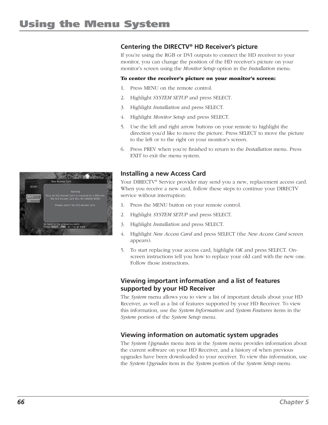 RCA DTC210 user manual Centering the Directv HD Receiver’s picture, Installing a new Access Card 