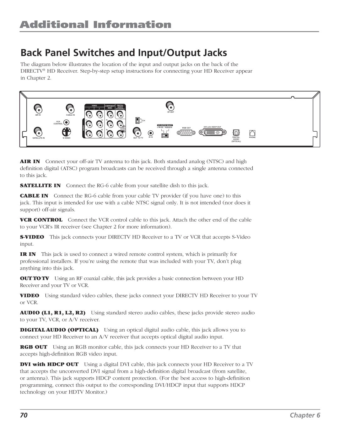 RCA DTC210 user manual Back Panel Switches and Input/Output Jacks 