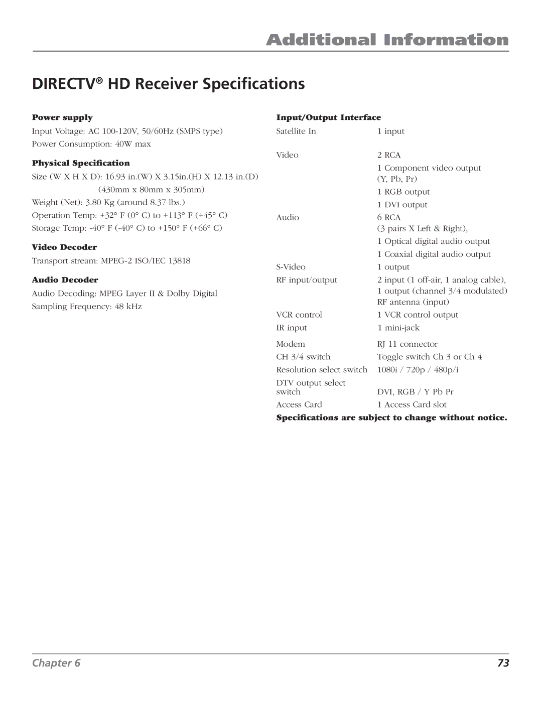 RCA DTC210 user manual Directv HD Receiver Specifications 