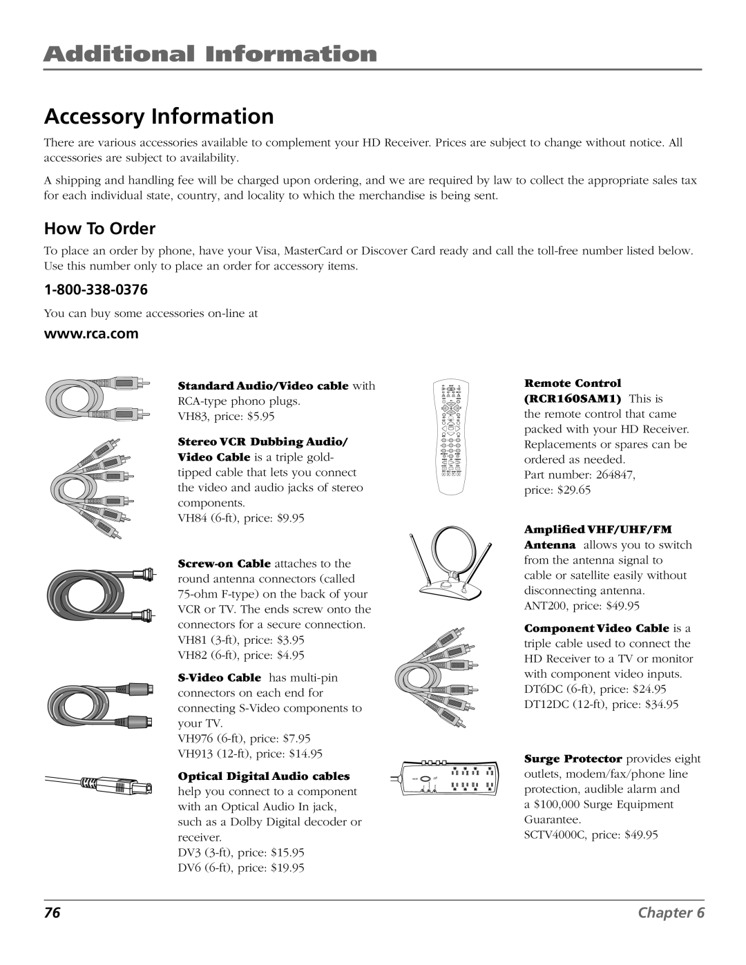 RCA DTC210 user manual Accessory Information, How To Order, Standard Audio/Video cable with, Optical Digital Audio cables 