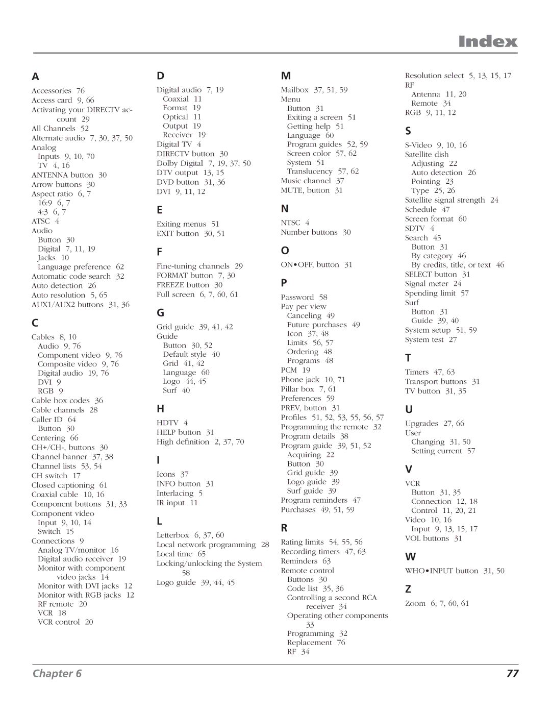 RCA DTC210 user manual Index, Atsc 