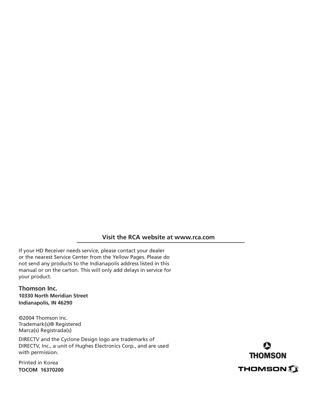 RCA DTC210 user manual Thomson Inc, North Meridian Street Indianapolis, Tocom 