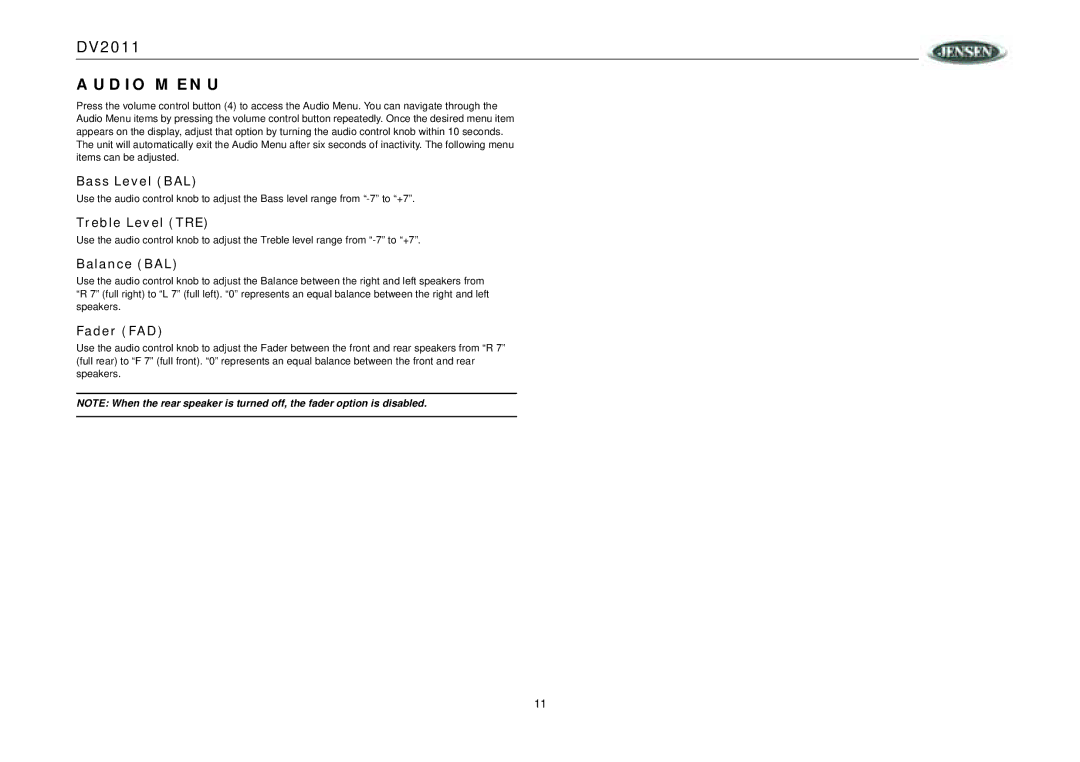 RCA DV2011 operation manual Audio Menu, Bass Level BAL, Treble Level TRE, Balance BAL, Fader FAD 