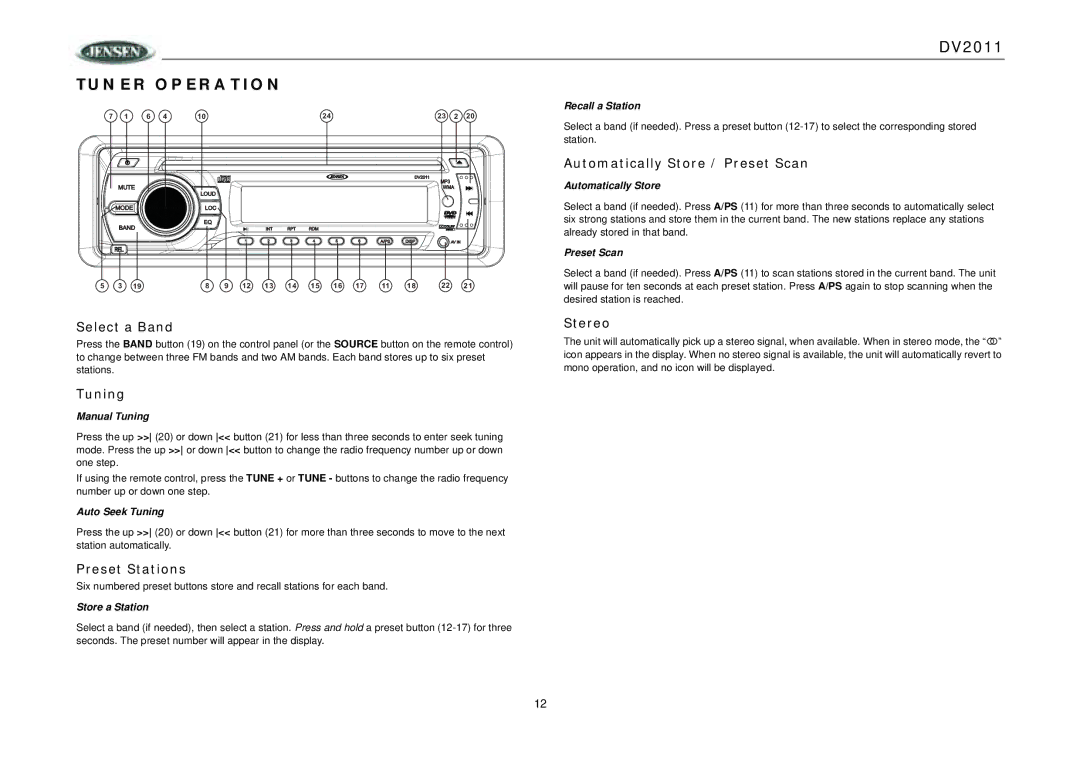 RCA DV2011 operation manual Tuner Operation 