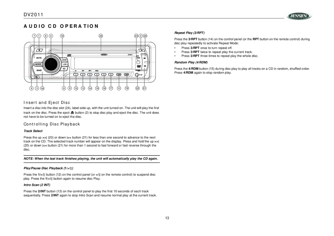 RCA DV2011 operation manual Audio CD Operation, Insert and Eject Disc, Controlling Disc Playback 