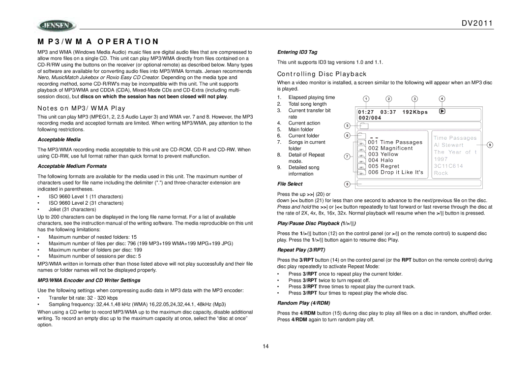 RCA DV2011 operation manual MP3/WMA Operation, Entering ID3 Tag, Acceptable Media, Acceptable Medium Formats 