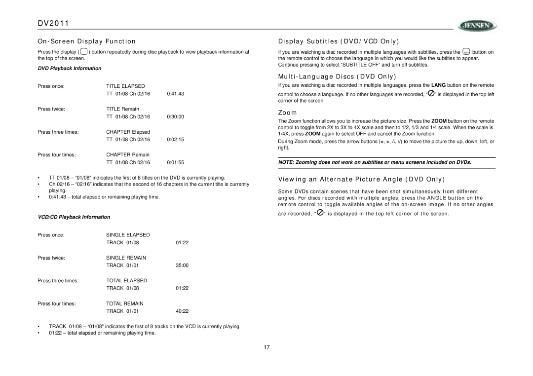 RCA DV2011 operation manual On-Screen Display Function, Display Subtitles DVD/VCD Only, Multi-Language Discs DVD Only, Zoom 